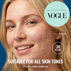 ZOVIRA patches applied to forehead before and after showing flatter-looking blemishes