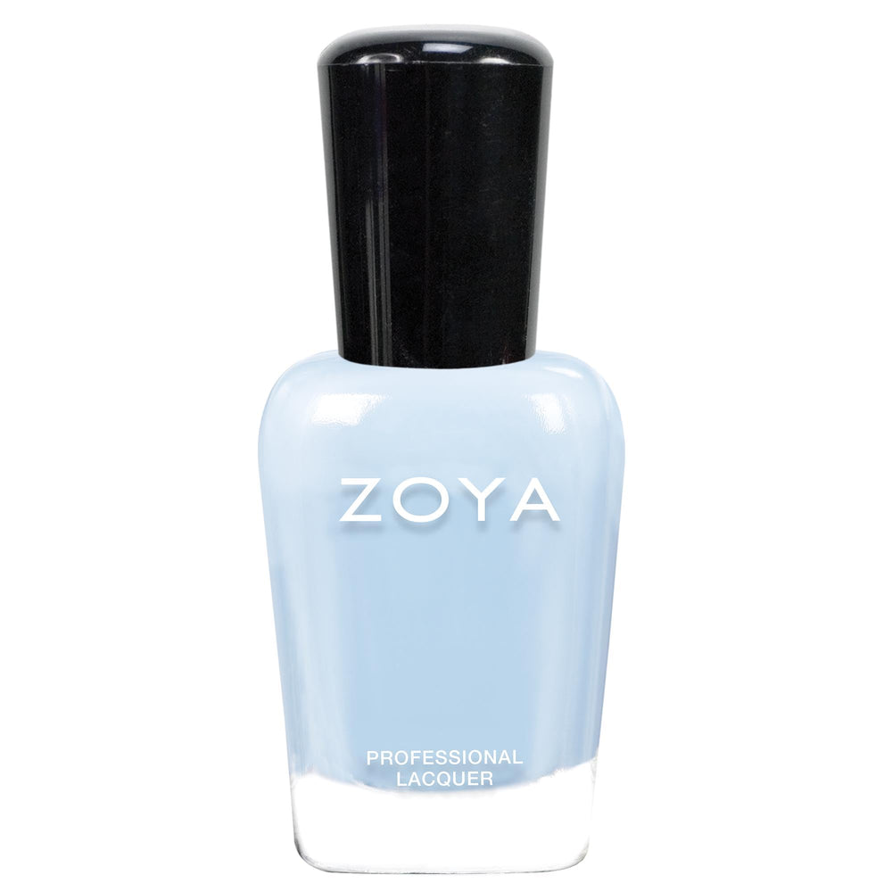 ZOYA Blu front bottle showing label and glossy pale baby blue polish