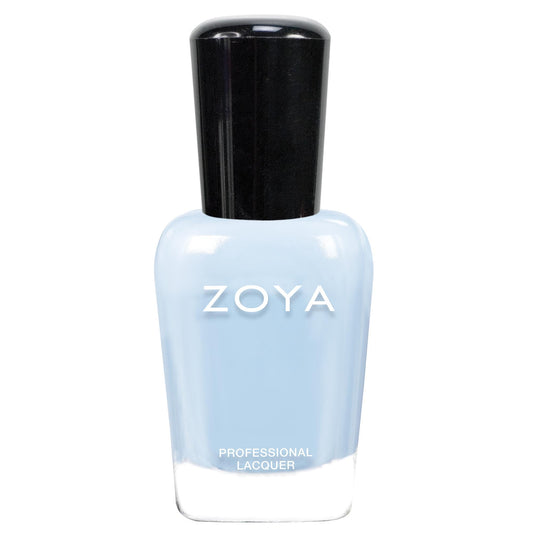 ZOYA Blu front bottle showing label and glossy pale baby blue polish