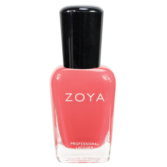 ZOYA Elodie front bottle showing warm melon pink polish and label benefit