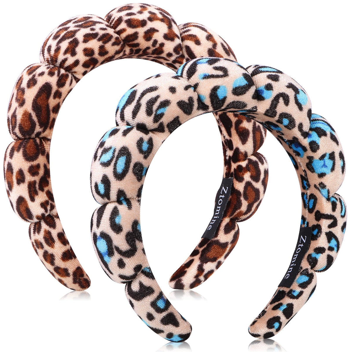 Ztomine front view of both leopard headbands showing plush spa-style benefits