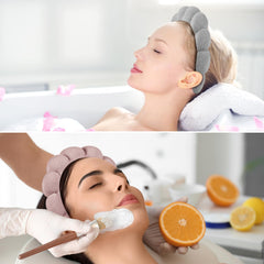 Model wearing Ztomine headband while washing face, keeps hair dry and tidy