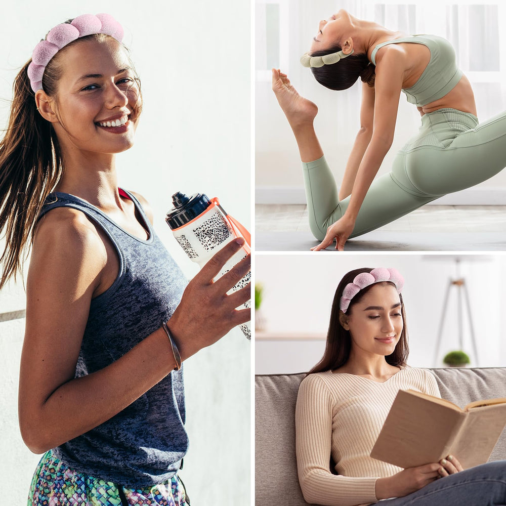 Ztomine headband in use during face washing keeping hair dry and out of the way