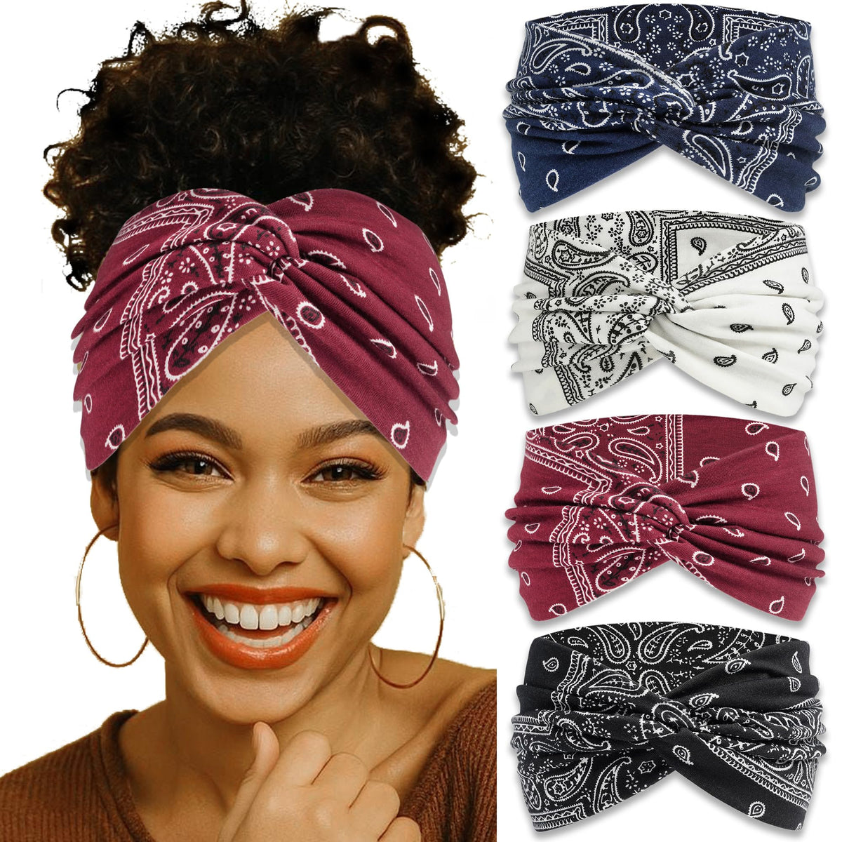 ZUYASEZ front packshot showing four wide paisley headbands and styling benefit