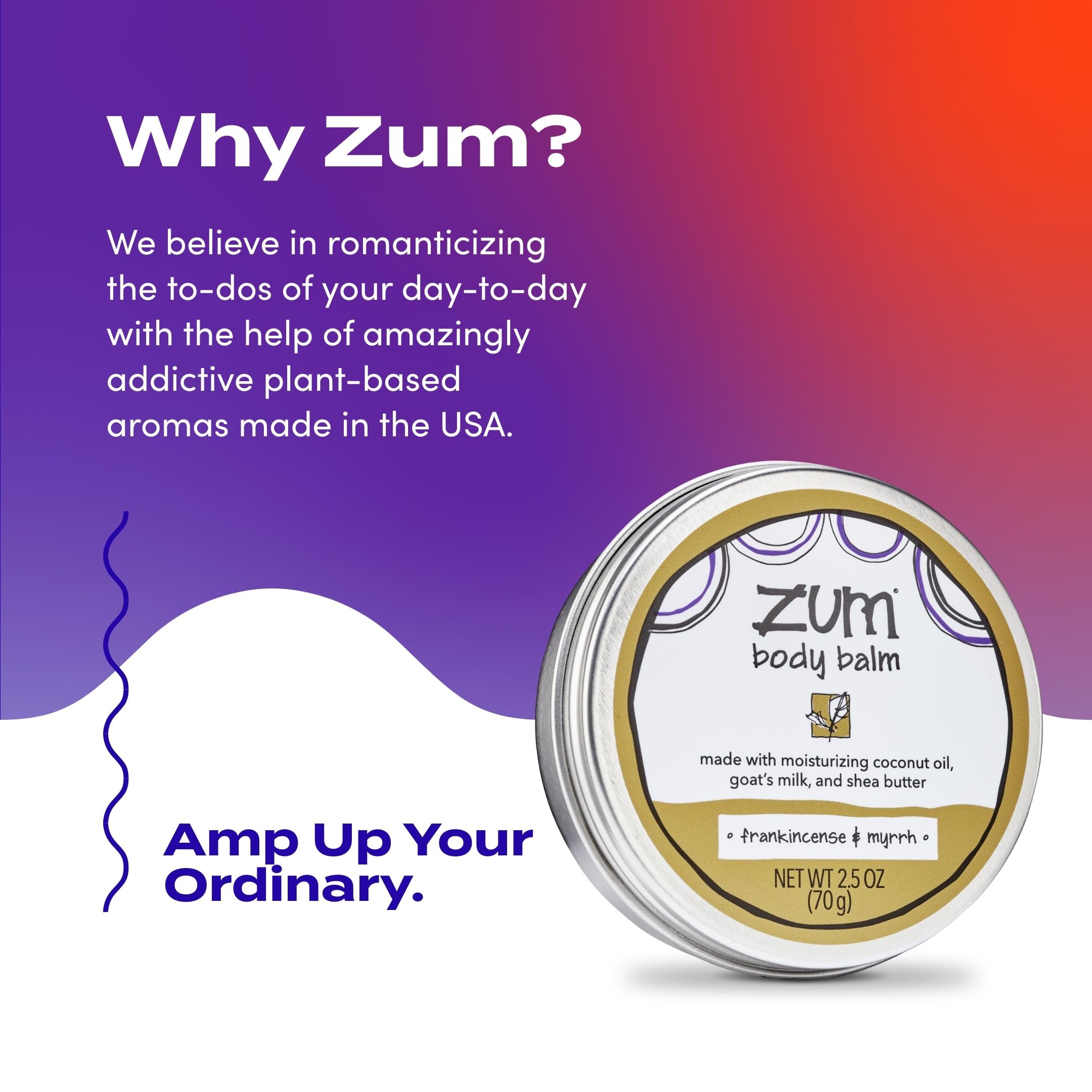 Zum balm next to hand illustrating compact 2.5 oz travel-friendly benefit