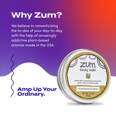 Zum balm next to hand illustrating compact 2.5 oz travel-friendly benefit