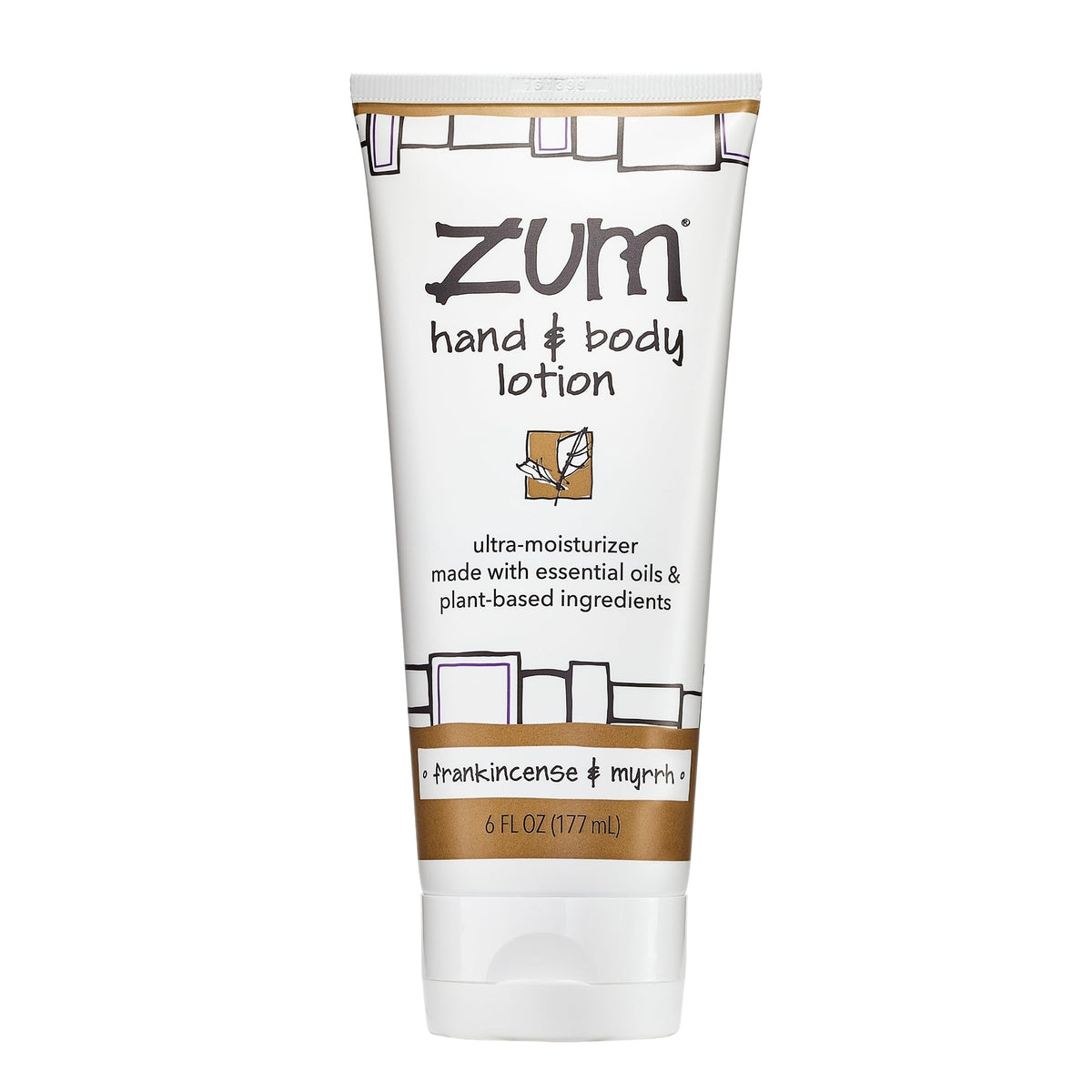 Zum bottle front showing frankincense and myrrh fragrance and product benefits