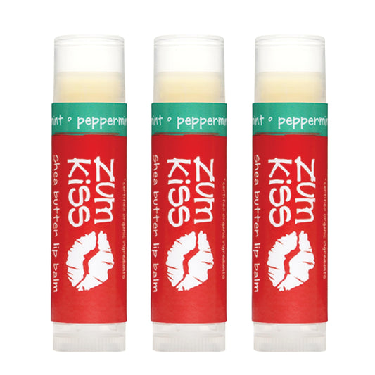 Zum front packaging showing three peppermint lip balms, clear labeling and natural look