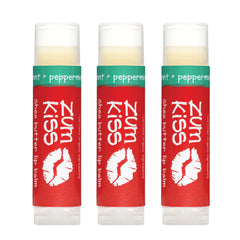 Zum front packaging showing three peppermint lip balms, clear labeling and natural look