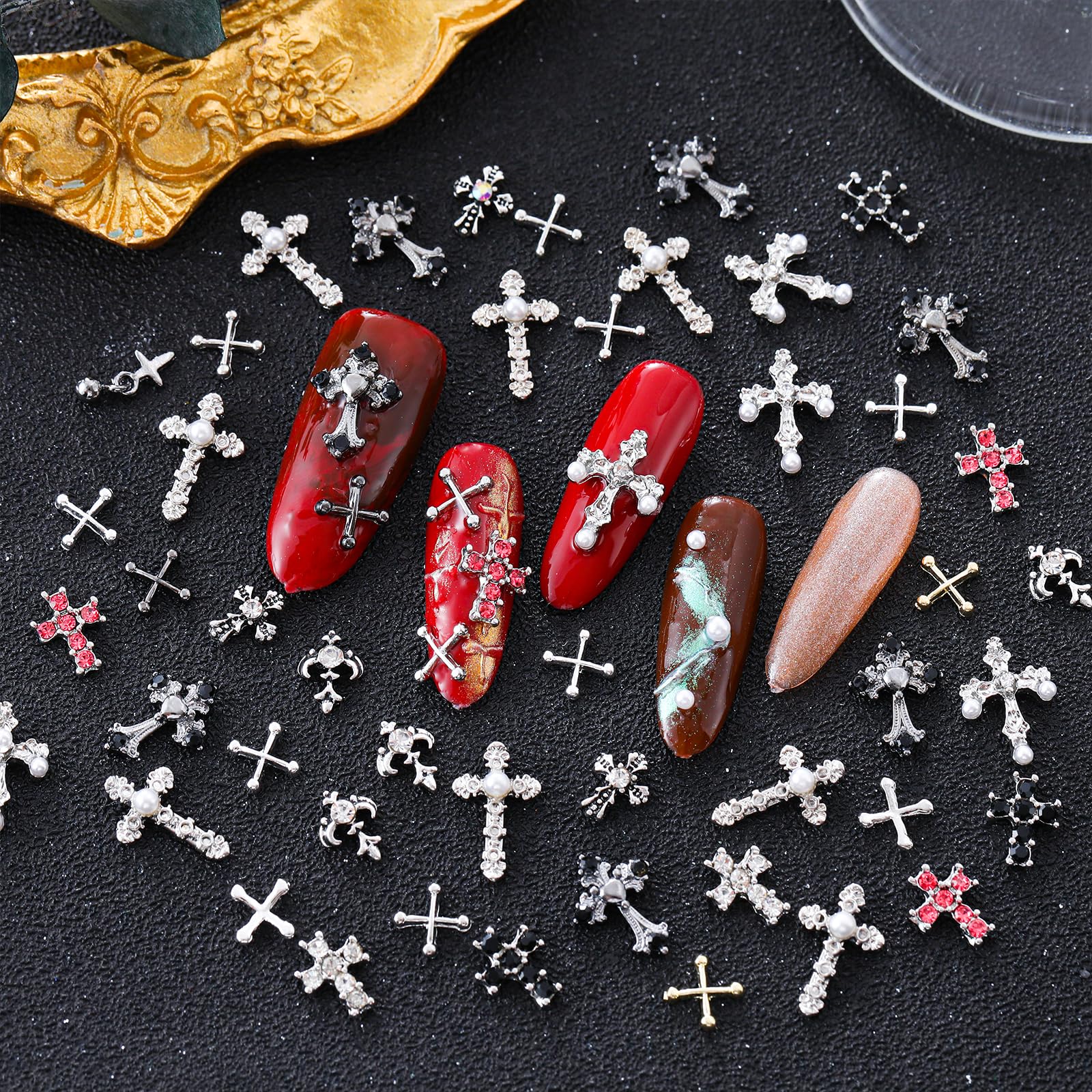 ZUMILLMN cross charms applied on nails showing on-trend look and easy application benefit