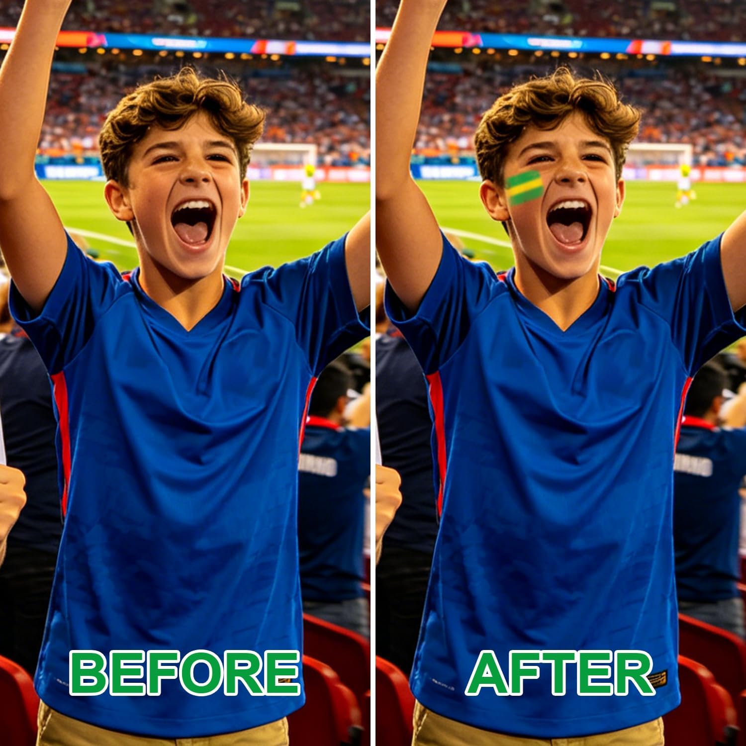 ZxjwT fan applying face paint at stadium showing long-wear cheering benefit