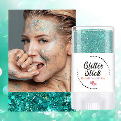 ZXZTSM green glitter stick with cap off revealing twist-up applicator benefit